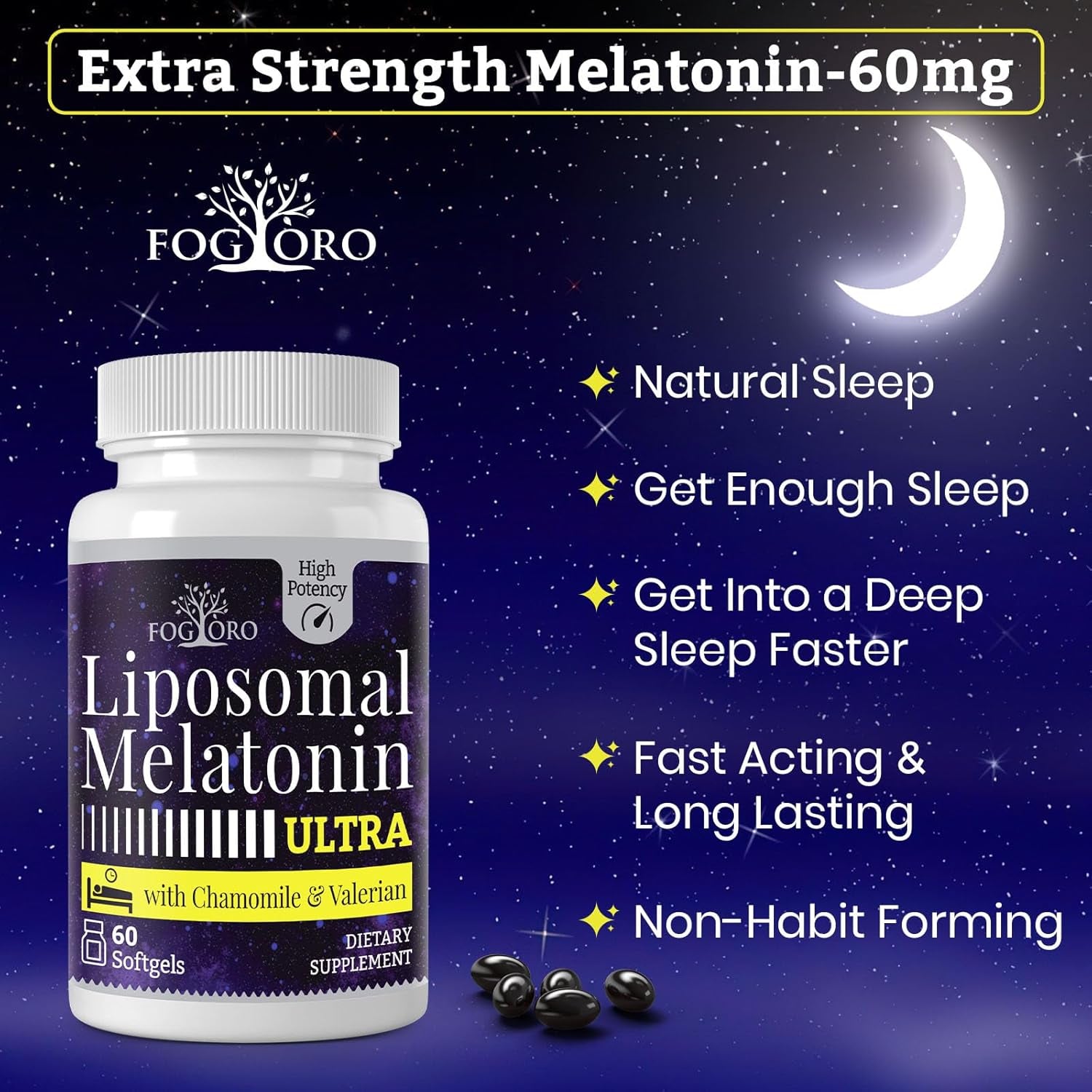 Fogoro Melatonin 60Mg-Fall Asleep Faster, Stay Asleep Longer,High Dose, 60 Count(Pack of 2)