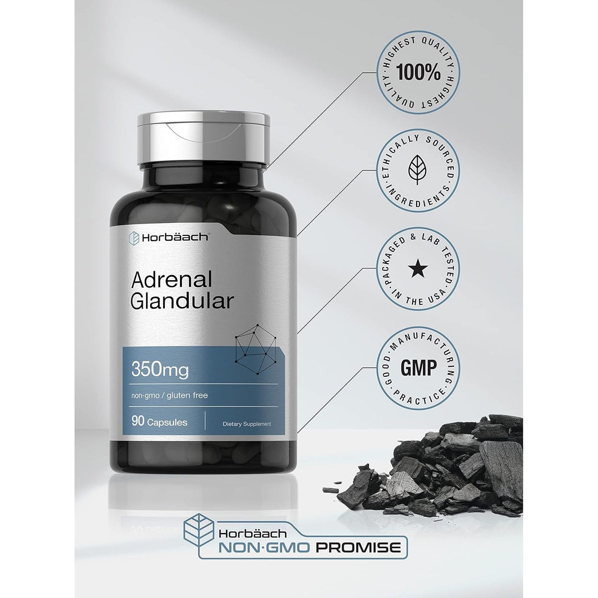 Horbäach Raw Adrenal Glandular | 350 Mg | 90 Capsules | Non-Gmo, Gluten Free Supplement
