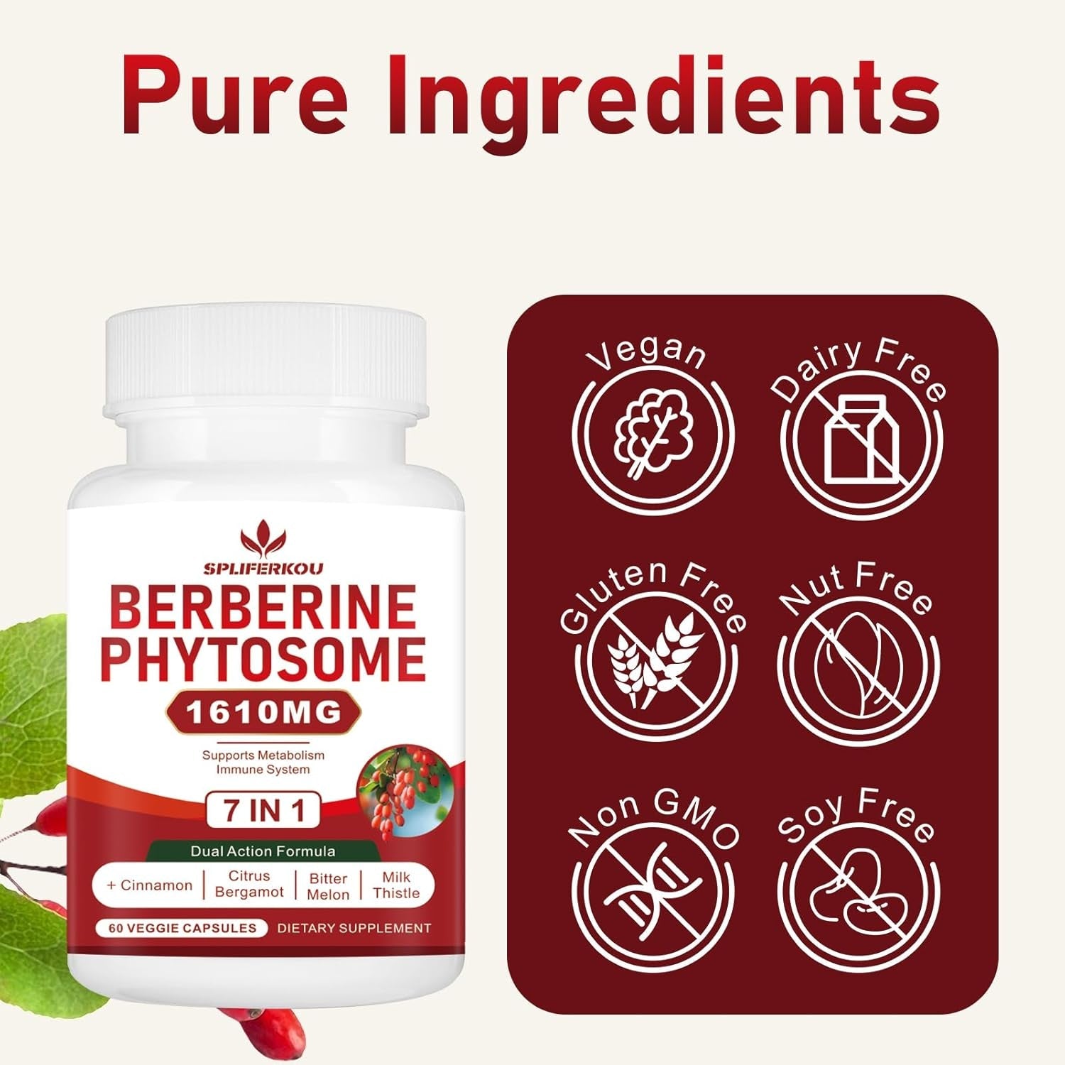 7-In-1 Berberine Phytosome with Ceylon Cinnamon, Berberine Complex Supports Metabolic, Liver Function and Immune System, Non-Gmo - 60 Capsules