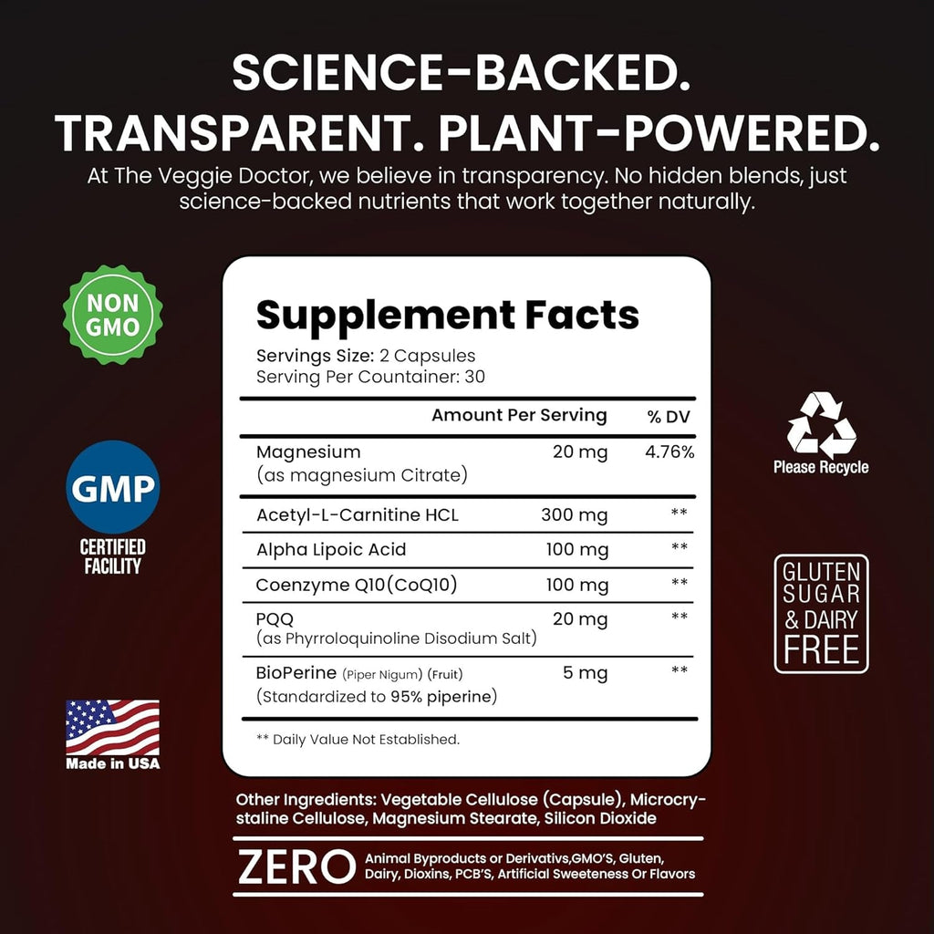 Vegan Mitochondrial Support – Advanced Cellular Wellness & Natural Energy Formula with Coq10, PQQ, Acetyl-L-Carnitine, Alpha-Lipoic Acid, Magnesium, Bioperine® - Daily Support (60 Capsules)