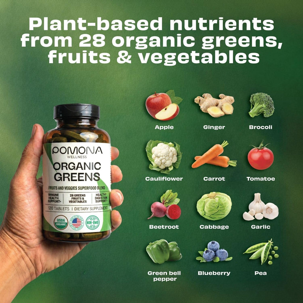 Pomona Wellness Super Greens Supplement, Full of Superfood Vitamins & Minerals, Fruits & Vegetable, Greens Powder for Bloating and Digestion, Gut Health, USDA Organic, Non-Gmo, 120 Tablets