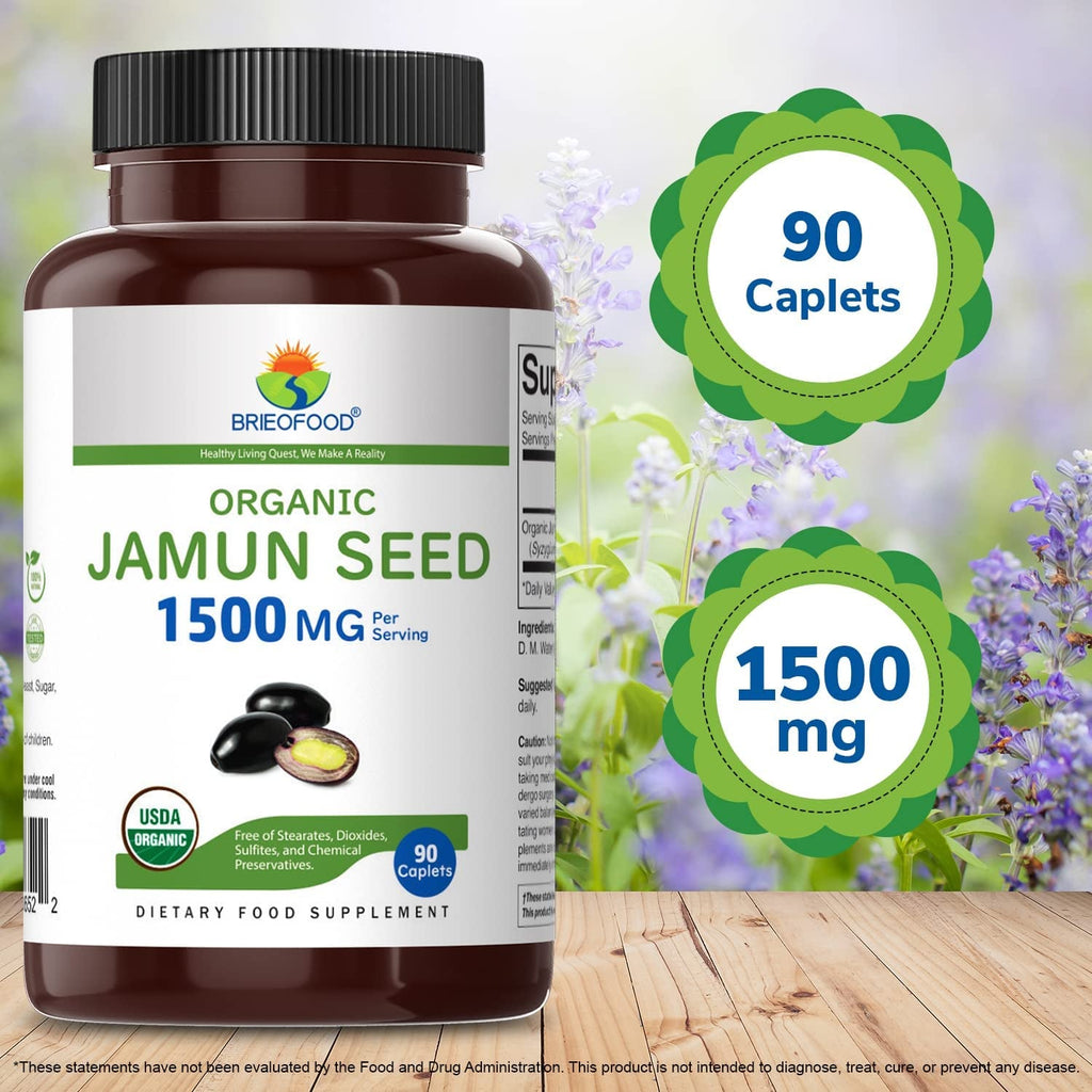 Brieofood Organic Jamun Seed 1500Mg, 45 Servings, Vegetarian, Gluten Free, 90 Vegetarian Tablets