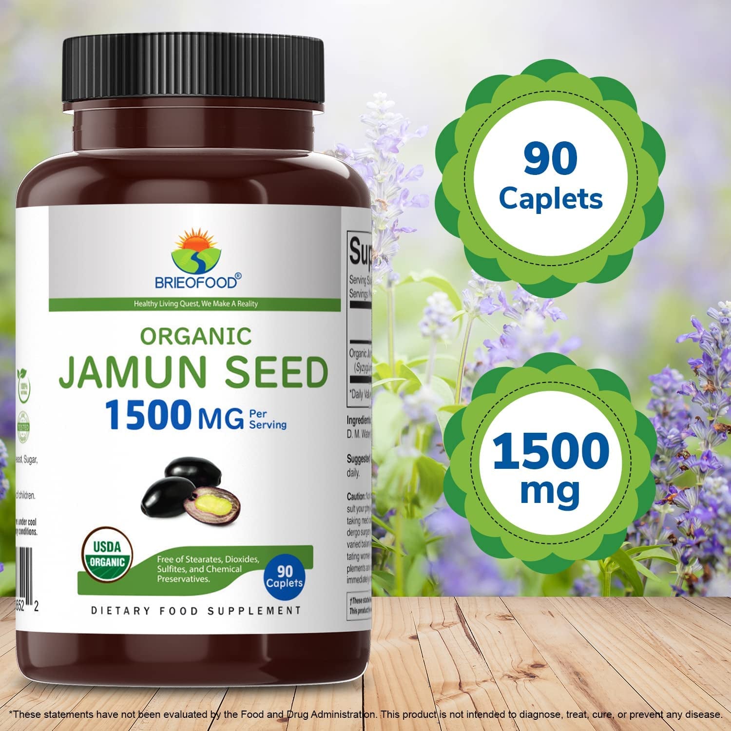 Brieofood Organic Jamun Seed 1500Mg, 45 Servings, Vegetarian, Gluten Free, 90 Vegetarian Tablets