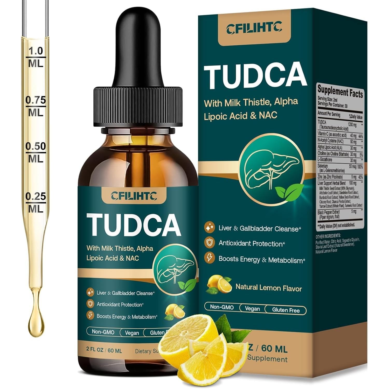 TUDCA Bile Salts 1200Mg Liquid Drops - Advanced Tudca Liver Supplement with ALA, NAC & Glutathione for Bile Flow, Gallbladder Health & Antioxidant Defense, High-Absorption, Lemon 2 Fl Oz