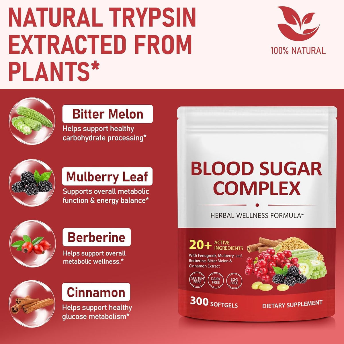 300 Softgels Blood Sugar Complex Supplement | 20+ Active Herbs-Berberine, Ceylon Cinnamon, Bitter Melon, Mulberry Leaf, Fenugreek, Vitamins for Energy Level, Vitality Support | Clean Formula