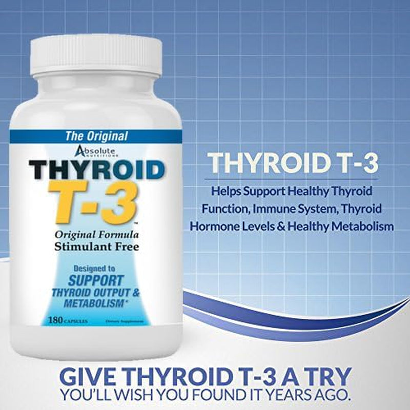 Absolute Nutrition Thyroid T-3 Radical Metabolic Booster, Energy & Focus Unflavored Thyroid Support Formula Capsules, Natural Metabolism Booster, Support Healthy Thyroid Function, 180 Capsules