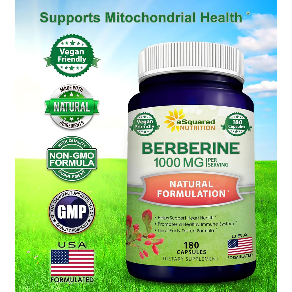 Asquared Nutrition Pure Berberine 1000Mg Supplement - 180 Veggie Capsules, Natural Berberine Hydrochloride HCL Plus, Max Strength 1000 Mg (2X 500Mg), Potent Berberine Vegan Extract