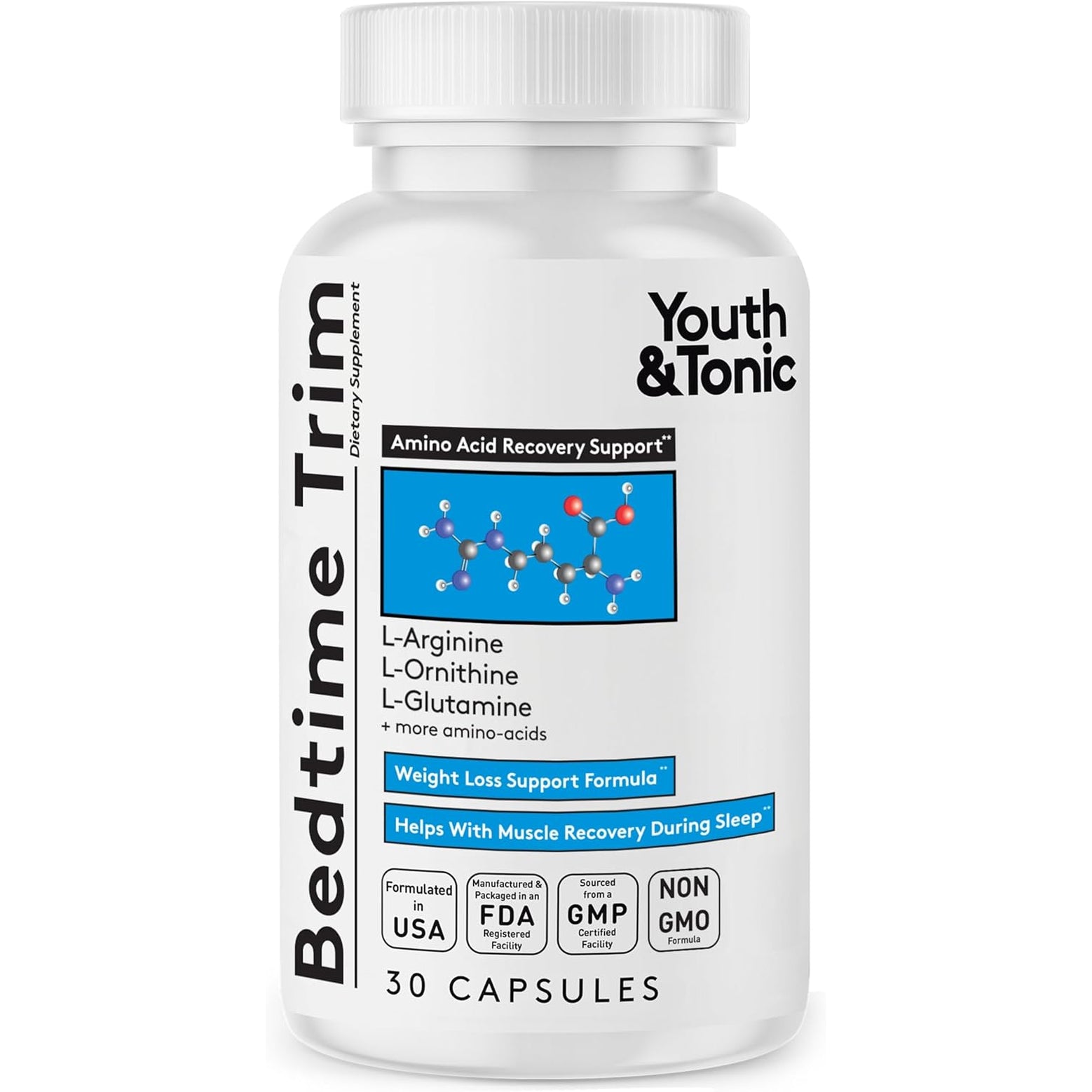Youth & Tonic PM Bedtime Trim for Lean Appearance & Muscle Definition Support – Nighttime Amino Acids Supplement for Overnight Recovery, Men & Women, 30 Capsules