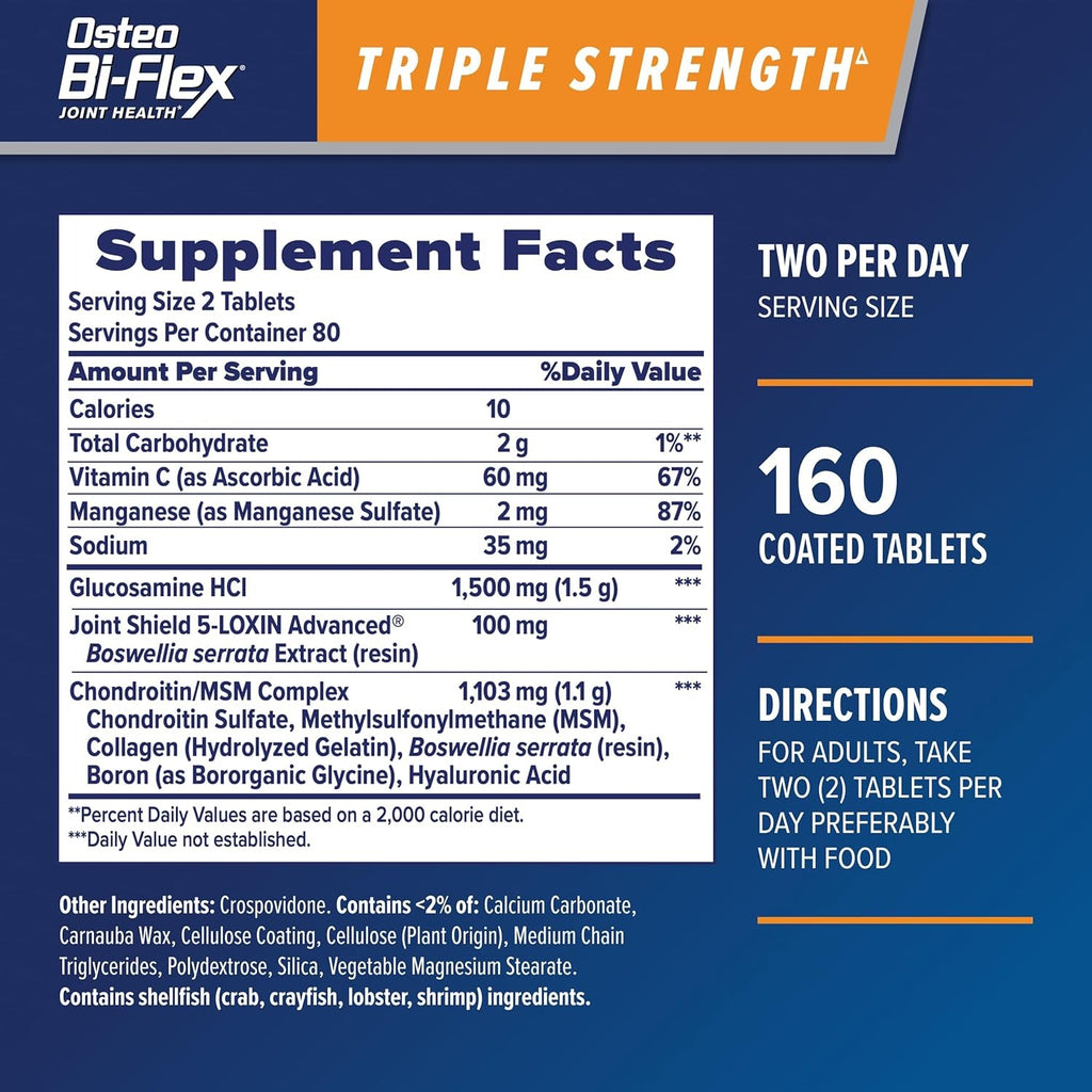 Osteo Bi-Flex Triple Strength Glucosamine Chondroitin Supplement, Improve Joint Function, Strength, Flexibility, Mobility 80 Coated Tablets, 2 Pack