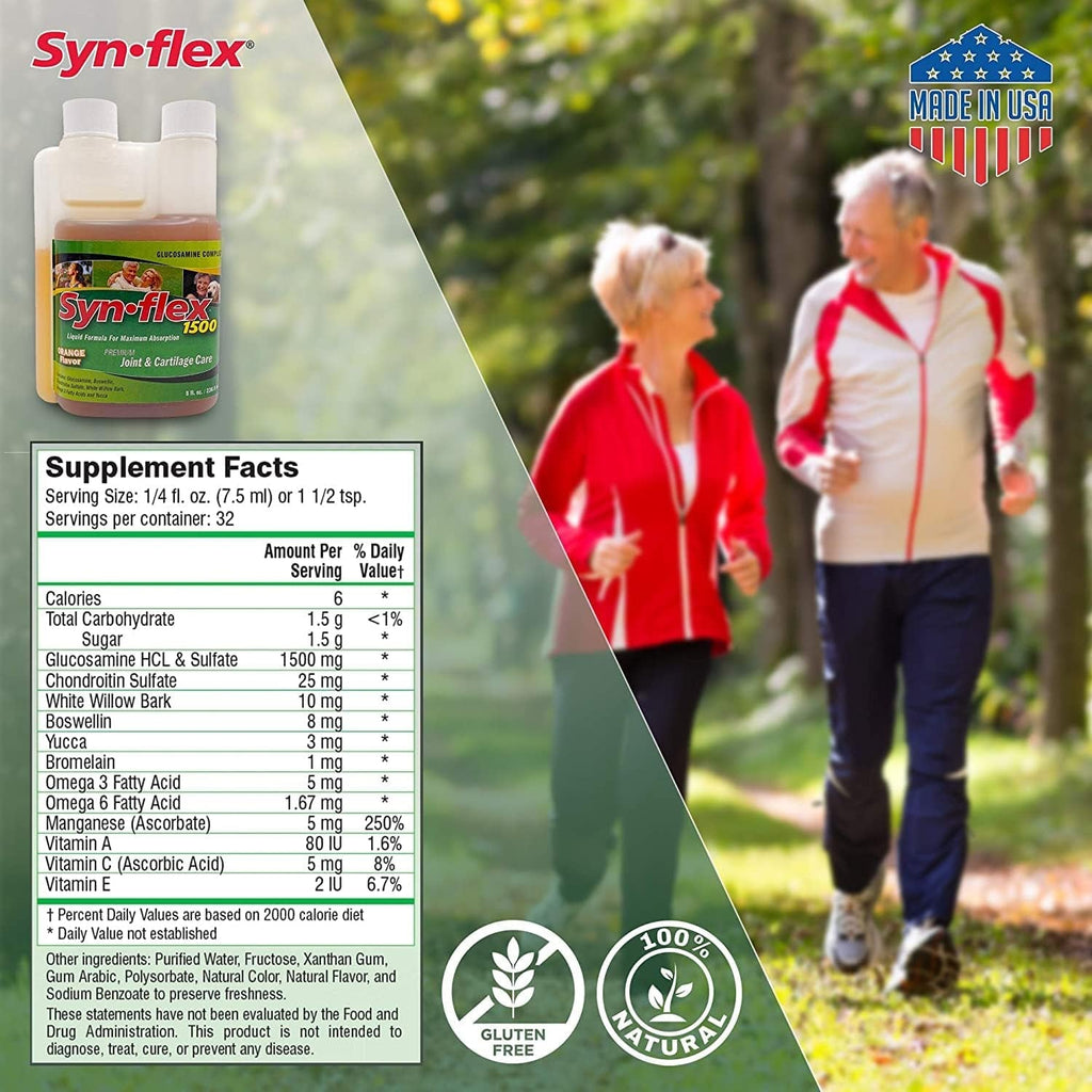 Synflex 1500Mg Liquid Glucosamine & Chondroitin Supplement - HSA/FSA, High Concentration and Fast-Absorbing Joint Support Formula with White Willow Bark, Manganese, and Boswellin, 32-Day Supply