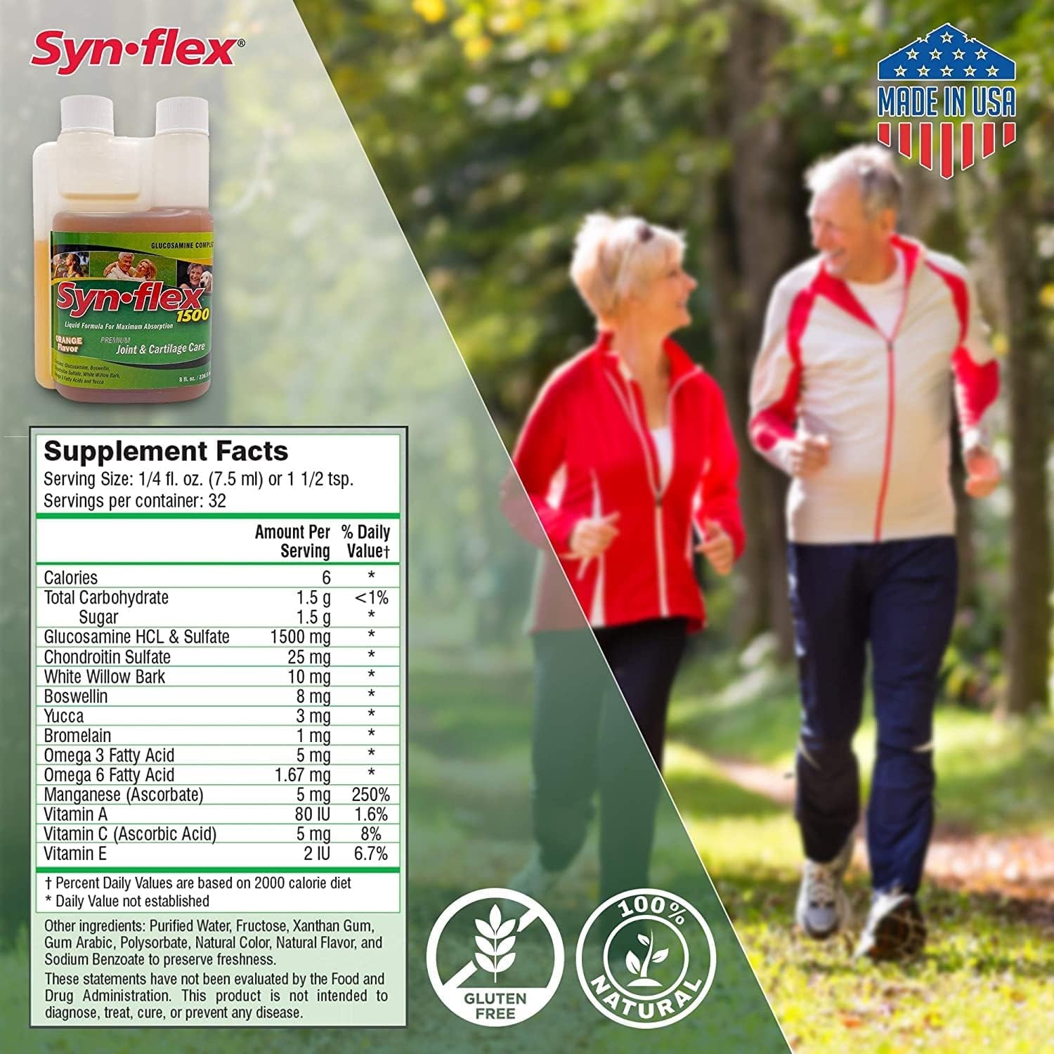 Synflex 1500Mg Liquid Glucosamine & Chondroitin Supplement - HSA/FSA, High Concentration and Fast-Absorbing Joint Support Formula with White Willow Bark, Manganese, and Boswellin, 32-Day Supply