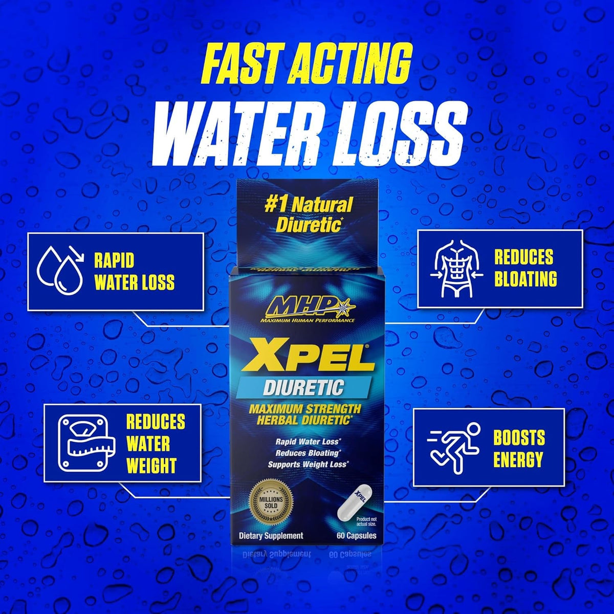 Maximum Human Performance Xpel Maximum Strength Diuretic Water Pills, for Water Retention Relief, Weight Loss Support, with Vitamin B-6 Potassium Dandelion Root, 80 Capsules