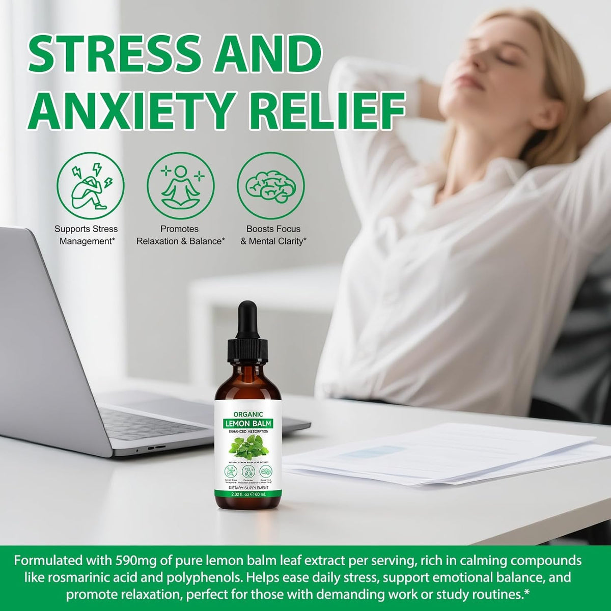 Lemon Balm Extract-Alcohol-Free, Natural Organic Lemon Balm Tincture Liquid for Women & Men, Helps to Relax, 590Mg- 2.02 Fl.Oz