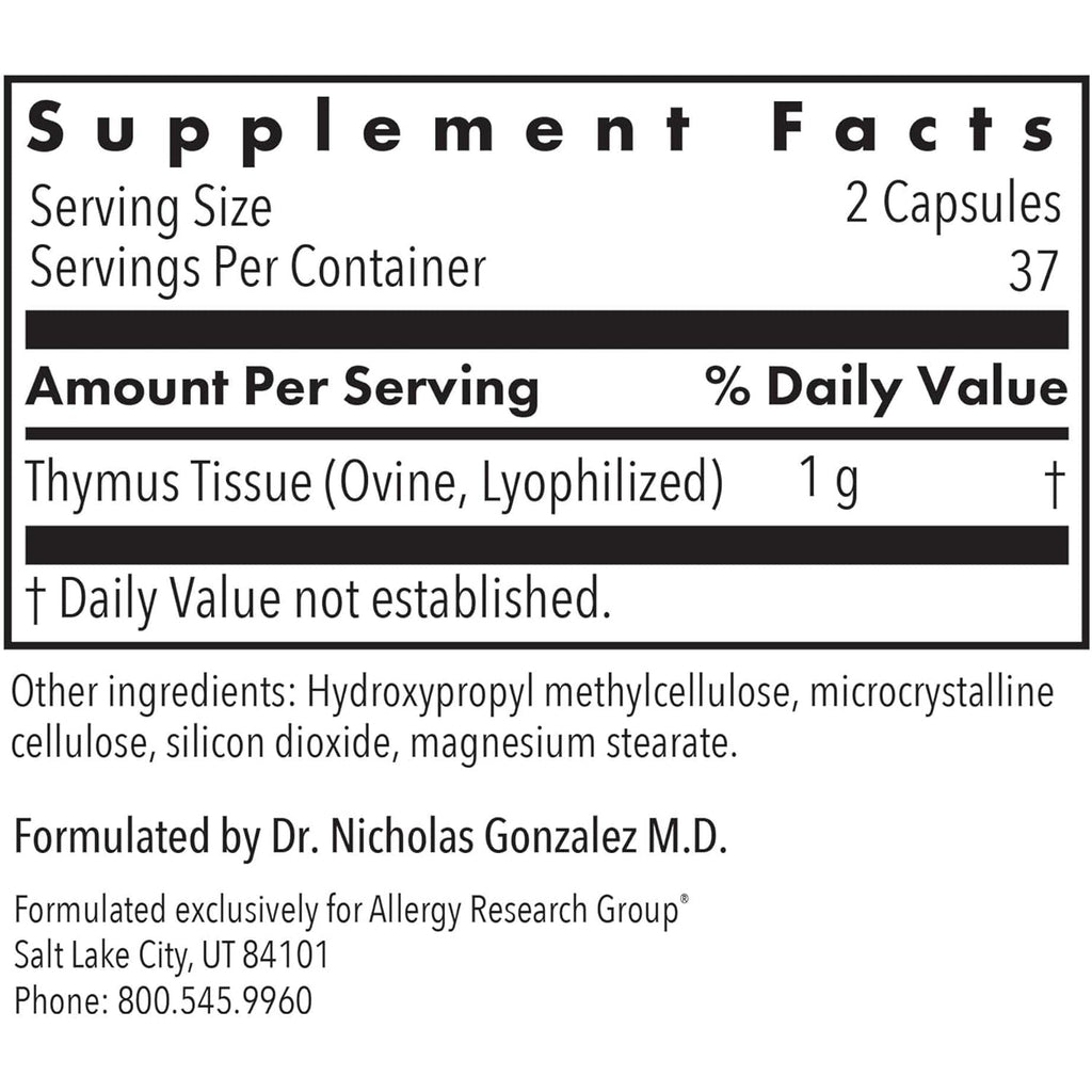 Allergy Research Group Thymus Supplement - Thymus Tissue, Glandular Extract, 1000Mg Raw Thymus Glandular, Ovine, Lyophilized, Hypoallergenic - 75 Count