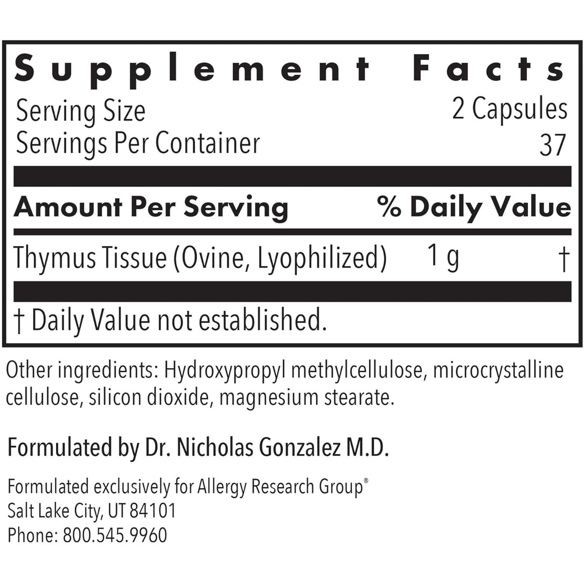 Allergy Research Group Thymus Supplement - Thymus Tissue, Glandular Extract, 1000Mg Raw Thymus Glandular, Ovine, Lyophilized, Hypoallergenic - 75 Count