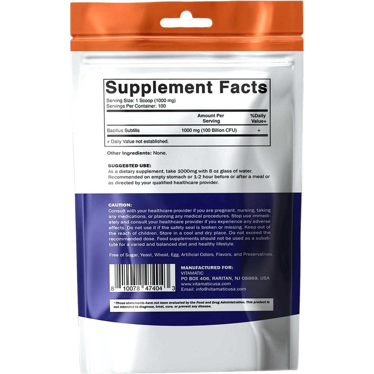 Vitamatic Bacillus Subtilis Pure Powder Probiotic Powder - Gut Health - 100 Gram - 100 Servings