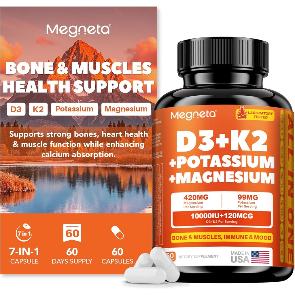 Vitamin D3 K2 (MK-7) 10,000 IU with Magnesium Glycinate & Potassium Supplement - Systemic Complex for Bone, Muscle, Heart, Immune, Energy & Sleep Support – High Absorption, 60 Capsules