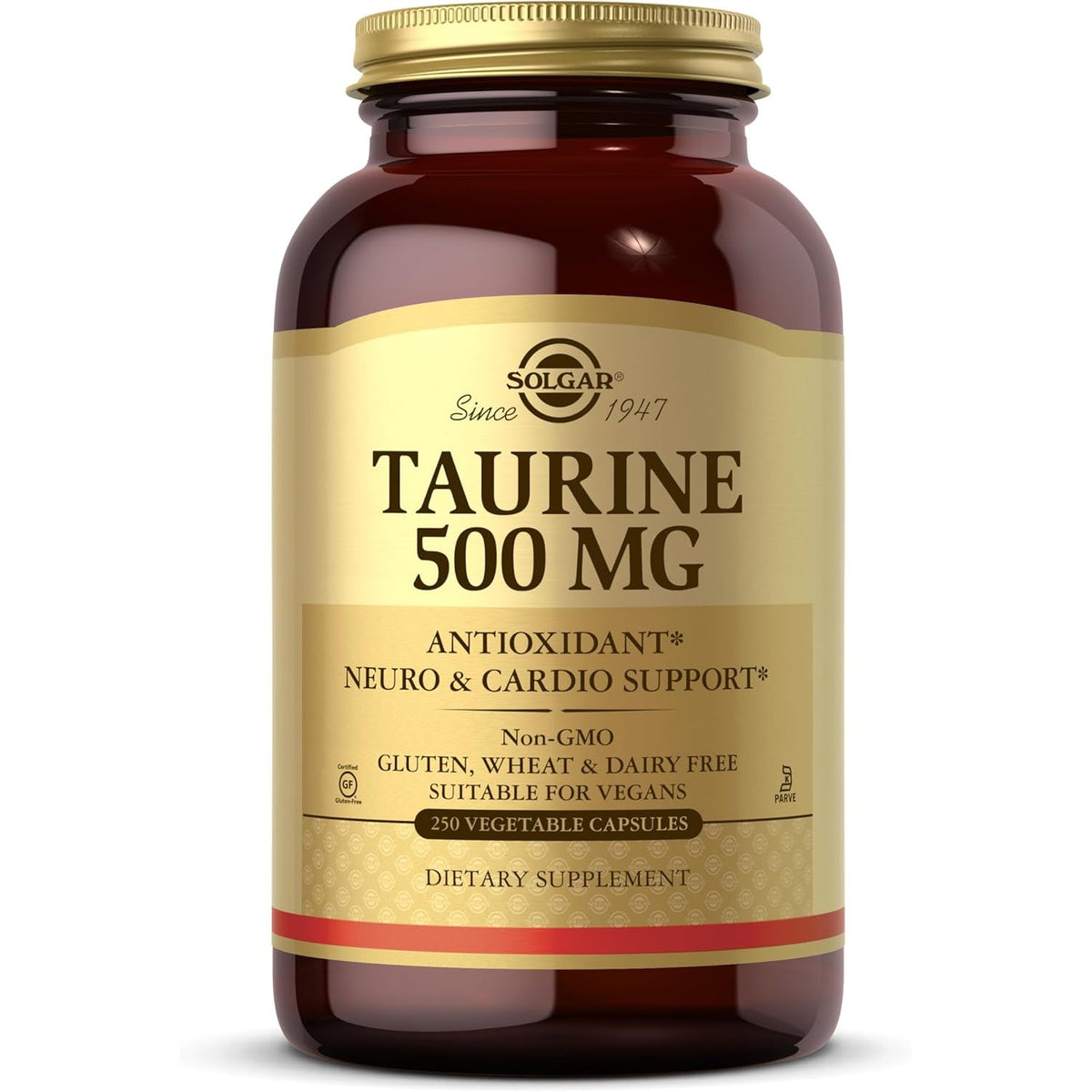 Solgar Taurine 500 Mg, 250 Vegetable Capsules - Antioxidant - Brain Health - Amino Acid - Vegan, Gluten Free, Dairy Free, Kosher - 250 Servings