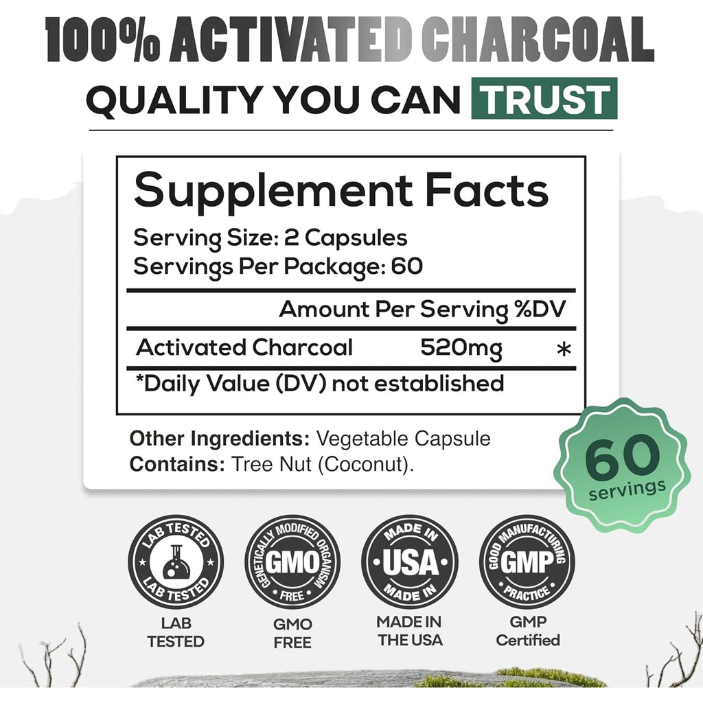 Wild Foods Activated Charcoal Capsules | 100% Organic Coconut Shells Active Tablets | Lab Tested & Non-Gmo Pills | Made in USA (120 Capsules)