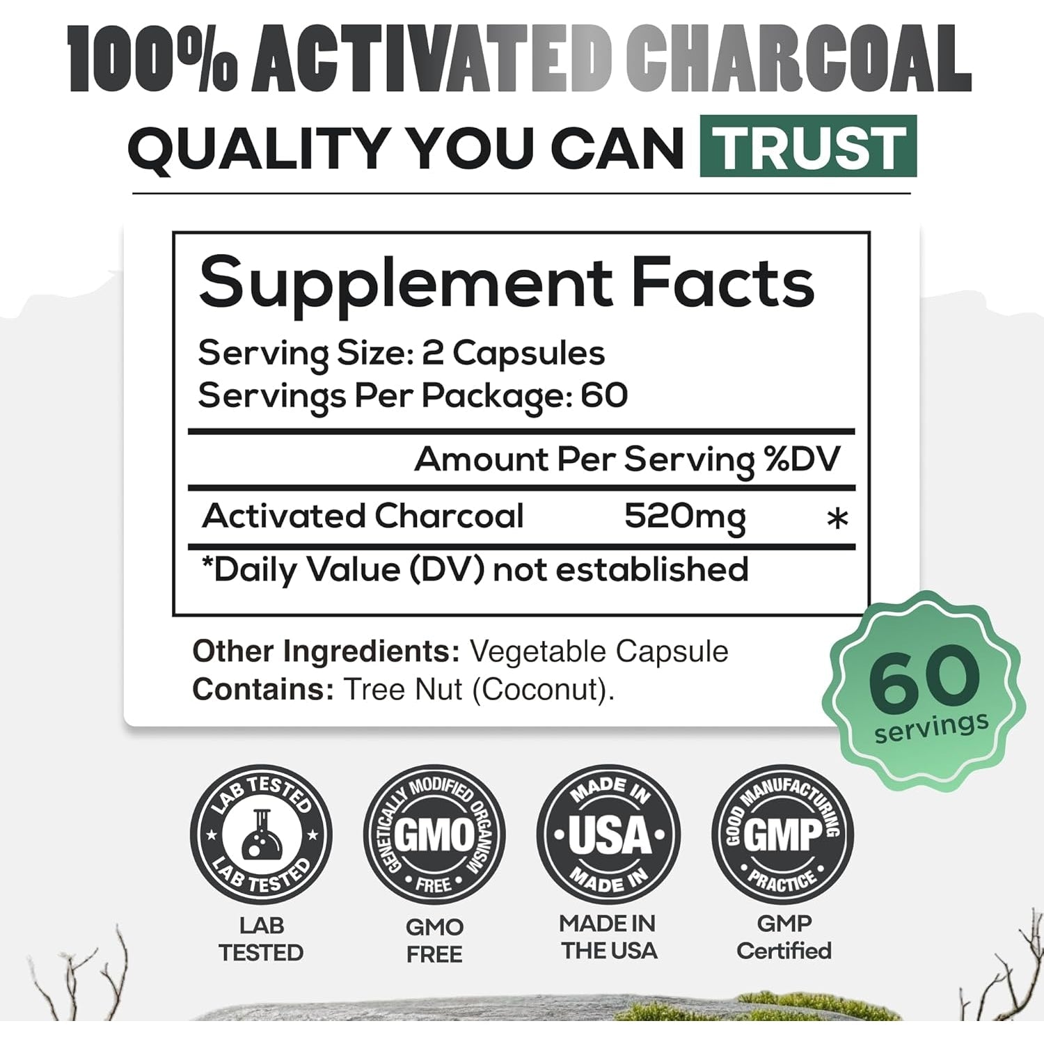 Wild Foods Activated Charcoal Capsules | 100% Organic Coconut Shells Active Tablets | Lab Tested & Non-Gmo Pills | Made in USA (120 Capsules)