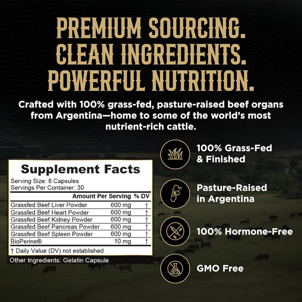 Beef Organ Supplement for Men & Women - PRIMUS Grass Fed Beef Liver Capsules with Heart, Primal Ancestral Blend 5 Organ Meat Supplements, Viking Energy Complex, Bioperine for Absorption, 180 Pills