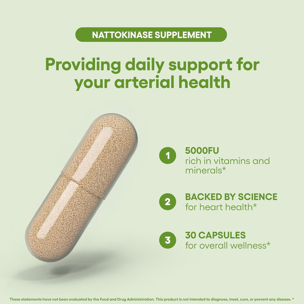 Nattokinase 5000FU Arterial Support - Targets Plaque | Third Party Tested Verified Quality | 30 Vegetarian Capsules | Non-Gmo, Gluten Free, Vegan Friendly | Natural Ingredients Health Supplement (30)