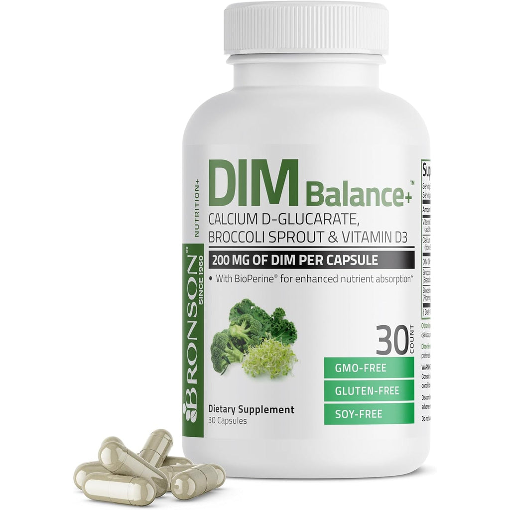 Bronson DIM Balance+ Calcium D-Glucarate, Broccoli Sprouts and Vitamin D3 200 MG of DIM per Capsule Supports Estrogen Metabolism and Balanced Hormone Levels Non-Gmo, 30 Vegetarian Capsules