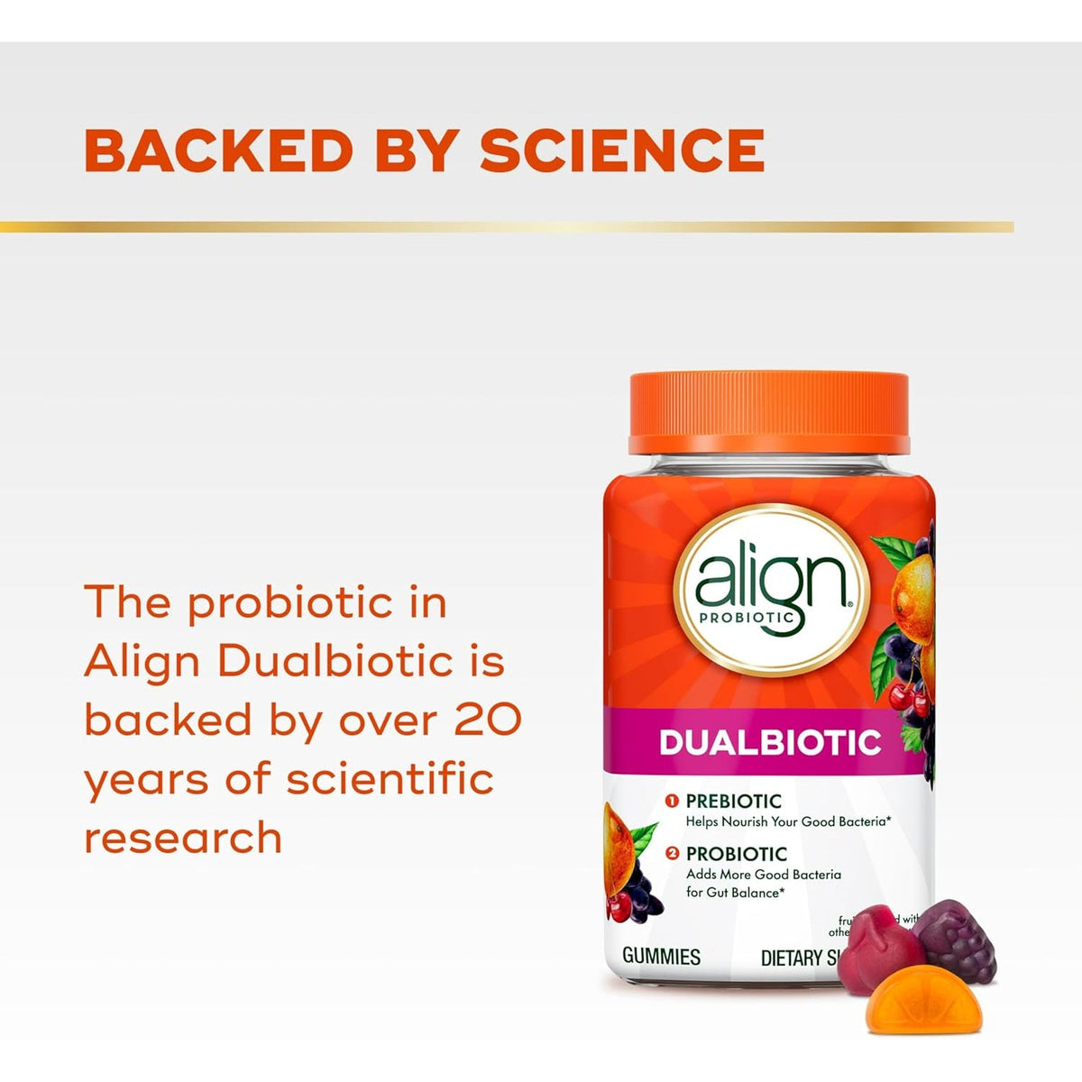 Align Dualbiotic, Prebiotics and Probiotics for Women and Men, Probiotics for Digestive Health, Prebiotics Help Nourish Good Bacteria, Natural Fruit Flavors, 60 Probiotic Gummies