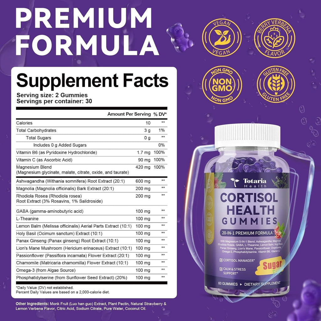Cortisol Supplements for Women & Men 20-In-1 Cortisol Gummies with Ashwagandha Rhodiola Rosea Magnesium Phosphatidylserine Calm Focus Mood Support Healthy Cortisol Levels 30 Day Supply