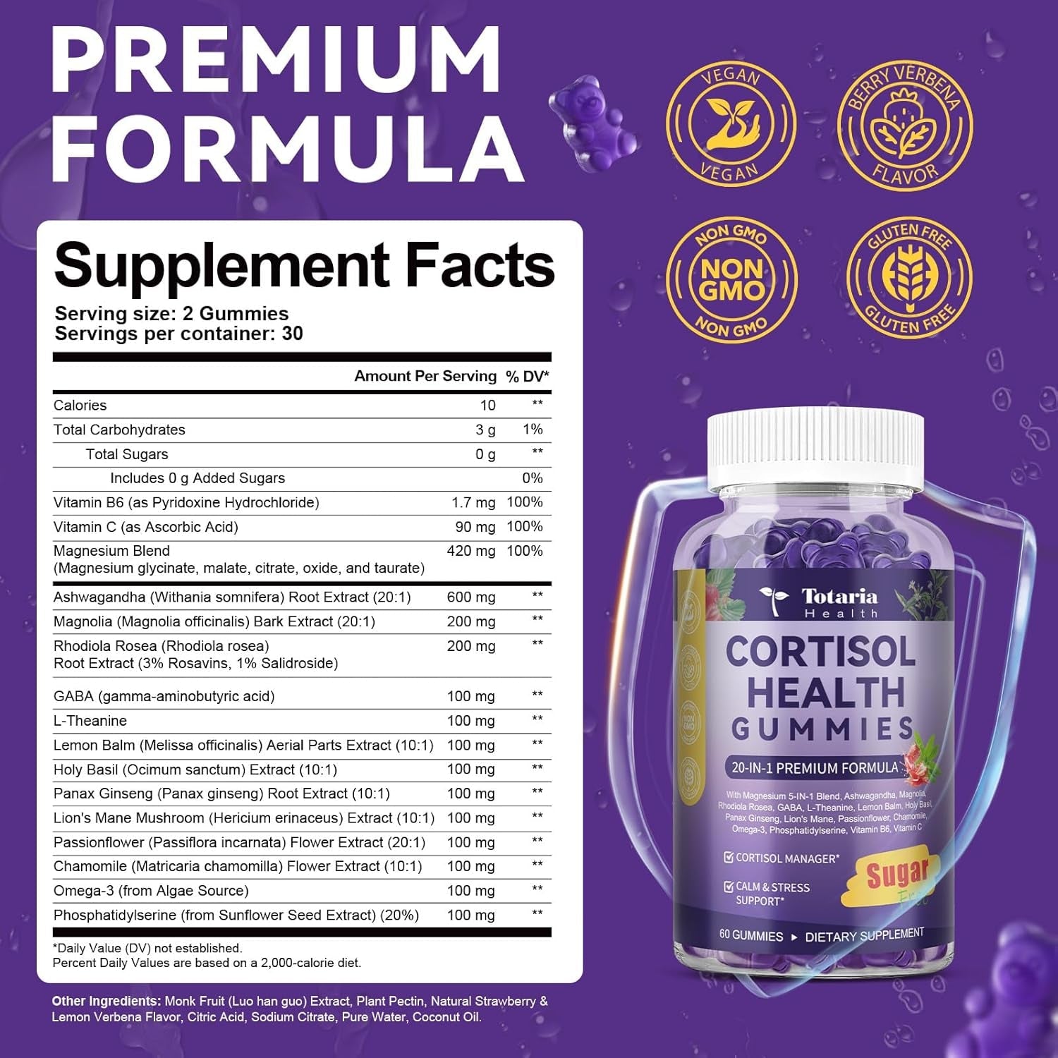 Cortisol Supplements for Women & Men 20-In-1 Cortisol Gummies with Ashwagandha Rhodiola Rosea Magnesium Phosphatidylserine Calm Focus Mood Support Healthy Cortisol Levels 30 Day Supply