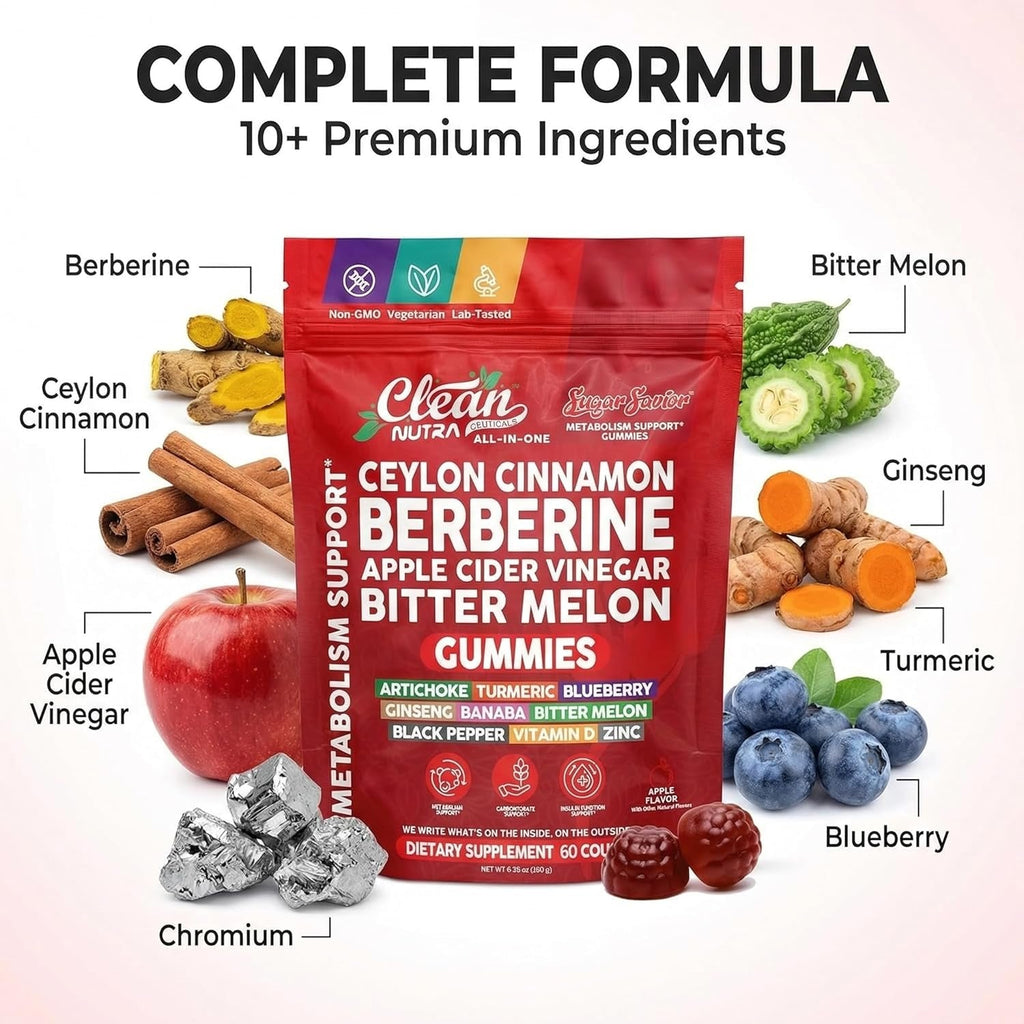 Sugar Savior Ceylon Cinnamon Berberine Gummies Apple Cider Vinegar Artichoke Turmeric Blueberry Ginseng Banaba Bitter Melon Black Pepper Vitamin D Zinc GLP1 Gummies 60 Count by Clean Nutra