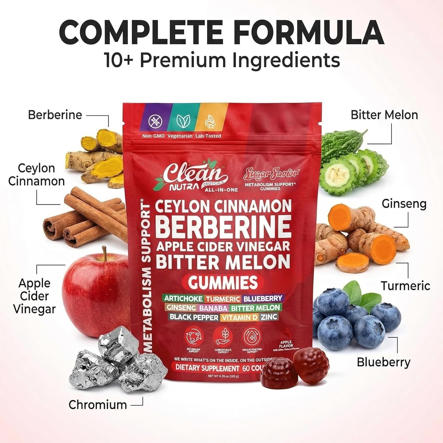 Sugar Savior Ceylon Cinnamon Berberine Gummies Apple Cider Vinegar Artichoke Turmeric Blueberry Ginseng Banaba Bitter Melon Black Pepper Vitamin D Zinc GLP1 Gummies 60 Count by Clean Nutra