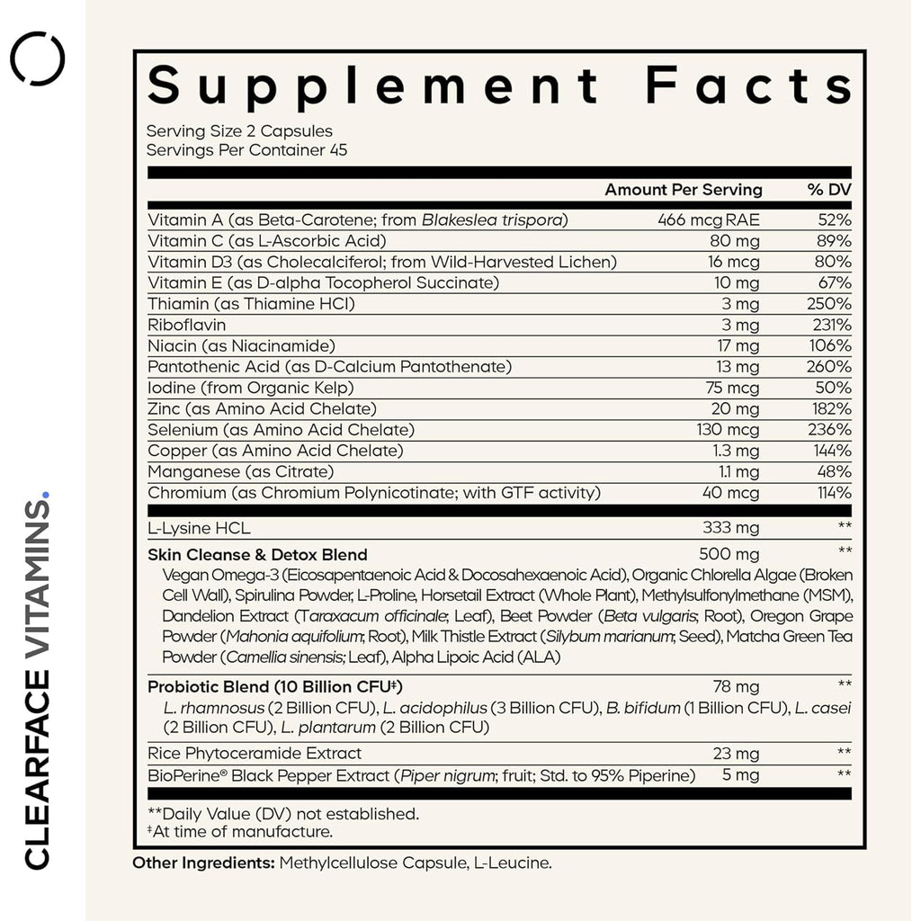 Codeage Clearface Pantothenic Acid, Niacin Supplement, Vitamins A, C, D3, E, Probiotics, Zinc, Riboflavin, Thiamin, L-Lysine HCL & Omega-3, Niacinamide, Skin Botanical Blend - Non-Gmo - 90 Capsules