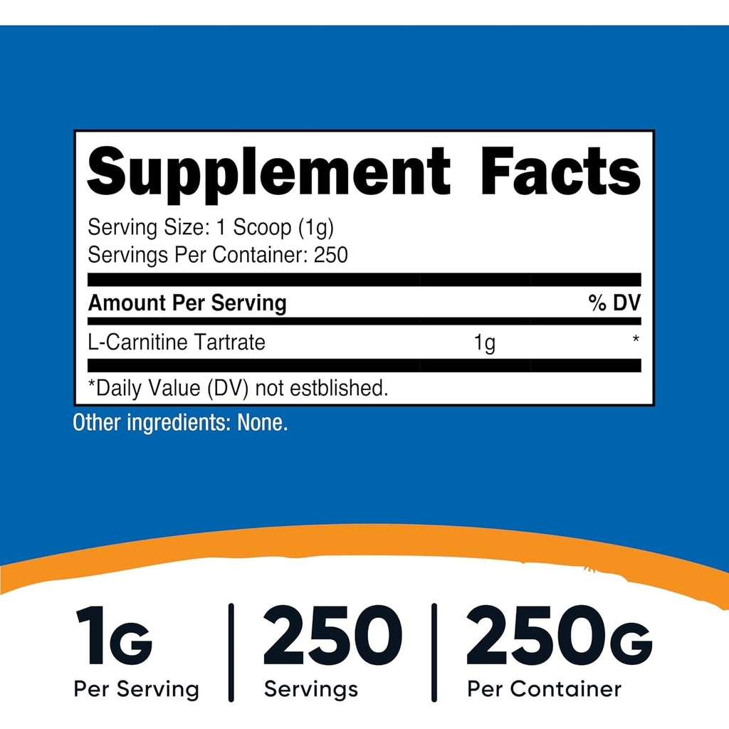 Nutricost L-Carnitine Tartrate Powder (250 Grams) - 1 Gram per Serving, 250 Servings