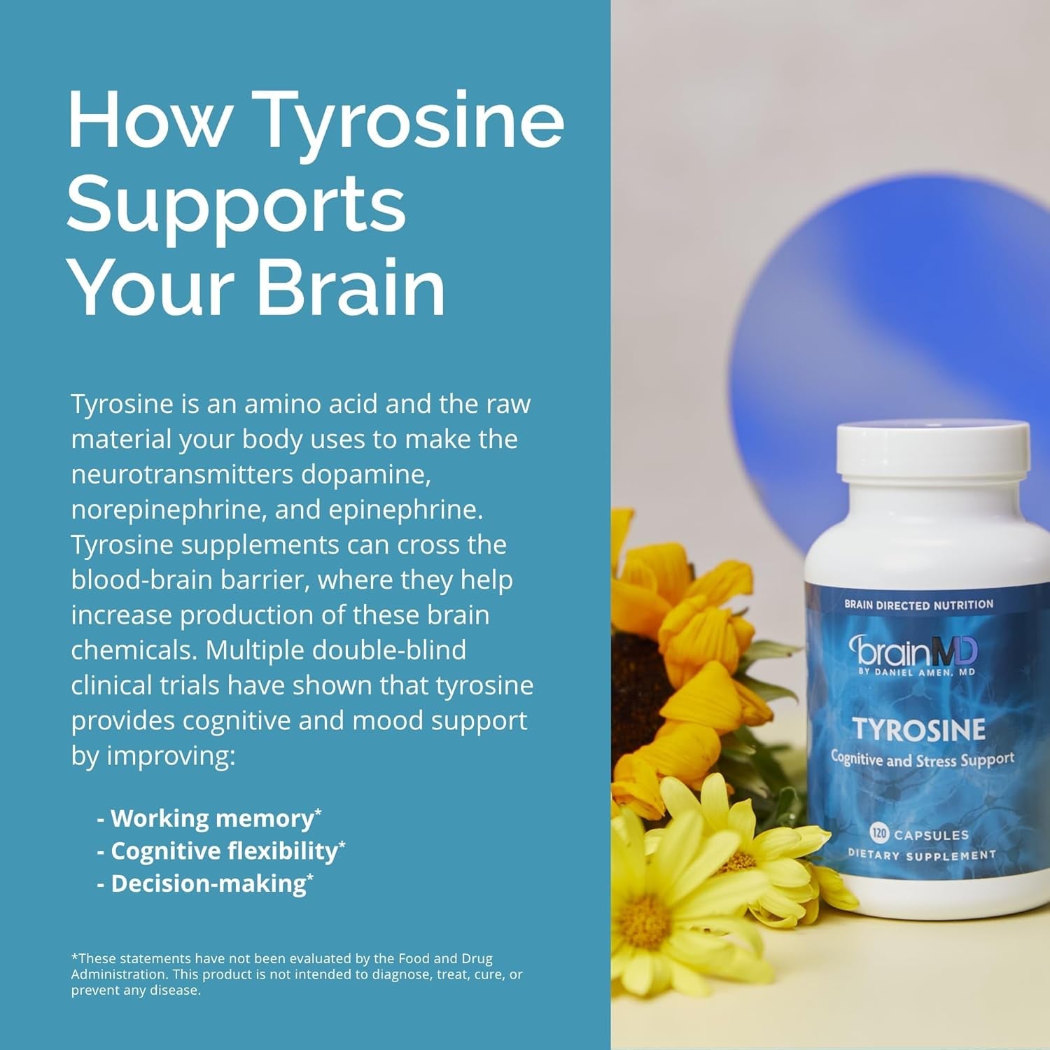 BRAINMD Dr Amen Tyrosine - 120 Capsules - Promotes Mental Focus, Clarity & Alertness - Gluten Free - 60 Servings