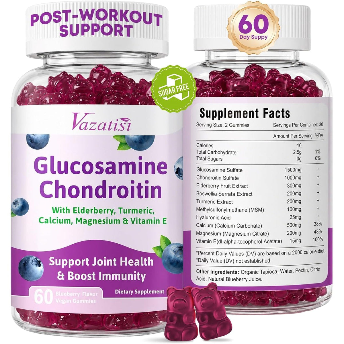 2 Pack Glucosamine Chondroitin Gummies - Glucosamine Chondroitin with MSM, Elderberry, Turmeric, Joint Support Supplement for Adults, Men & Women - Blueberry Flavor, 120 Cts