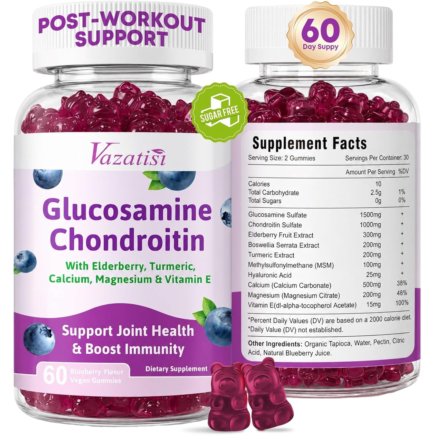 2 Pack Glucosamine Chondroitin Gummies - Glucosamine Chondroitin with MSM, Elderberry, Turmeric, Joint Support Supplement for Adults, Men & Women - Blueberry Flavor, 120 Cts