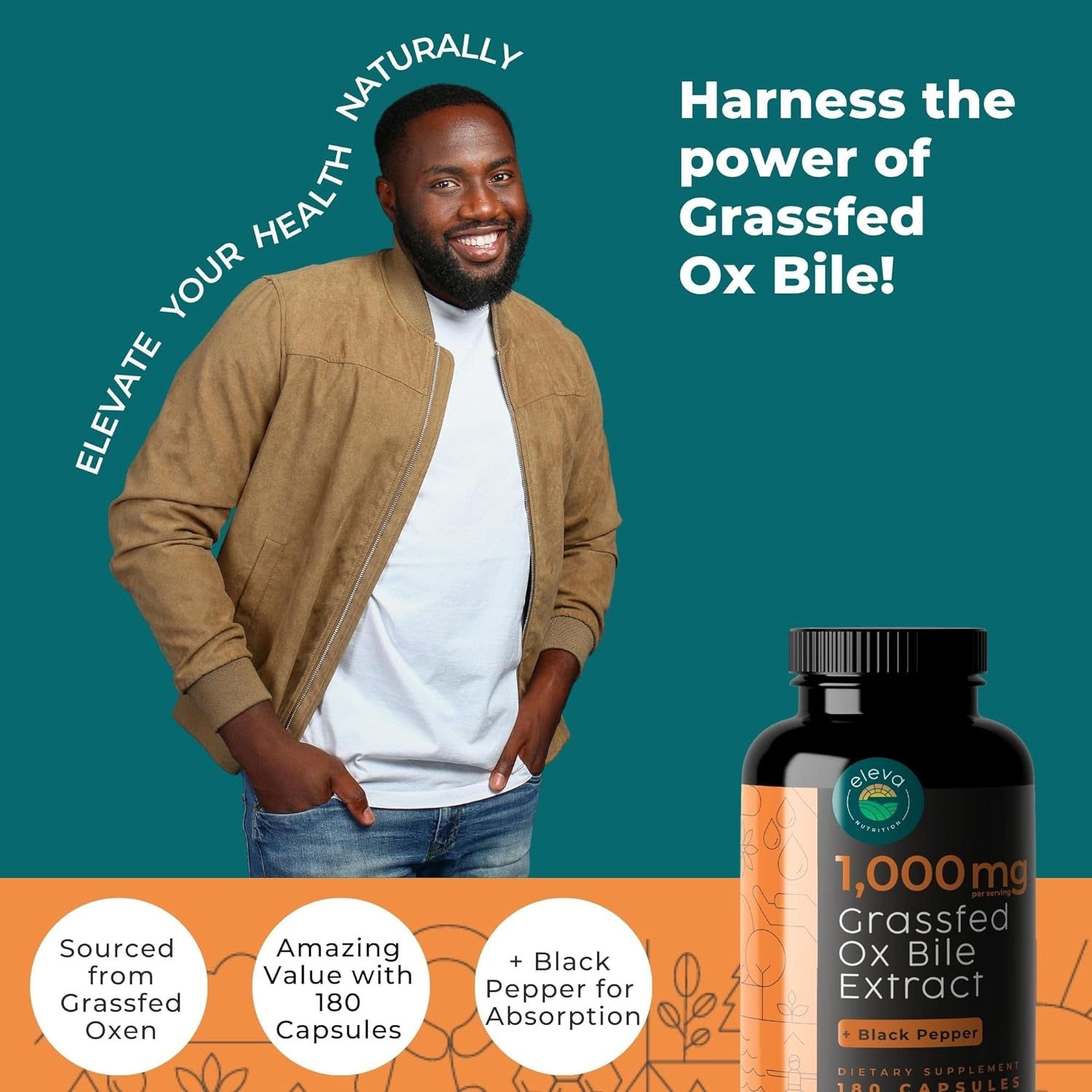 Grass-Fed Ox Bile Extract 1000Mg Bile Salts Supplements with Black Pepper for Faster Absorption - Supports Digestive Health - 180 Capsules