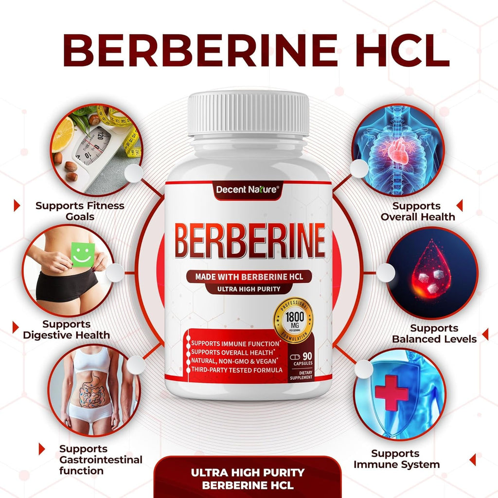 Berberine Supplement 1800Mg - Premium Berberine Hcl 97% High Purity, Supports Immune System, High Potency Hydrochloride & Extract, Activates AMPK & GLP-1, Non-Gmo Vegan, for Men Woman 90 Capsules