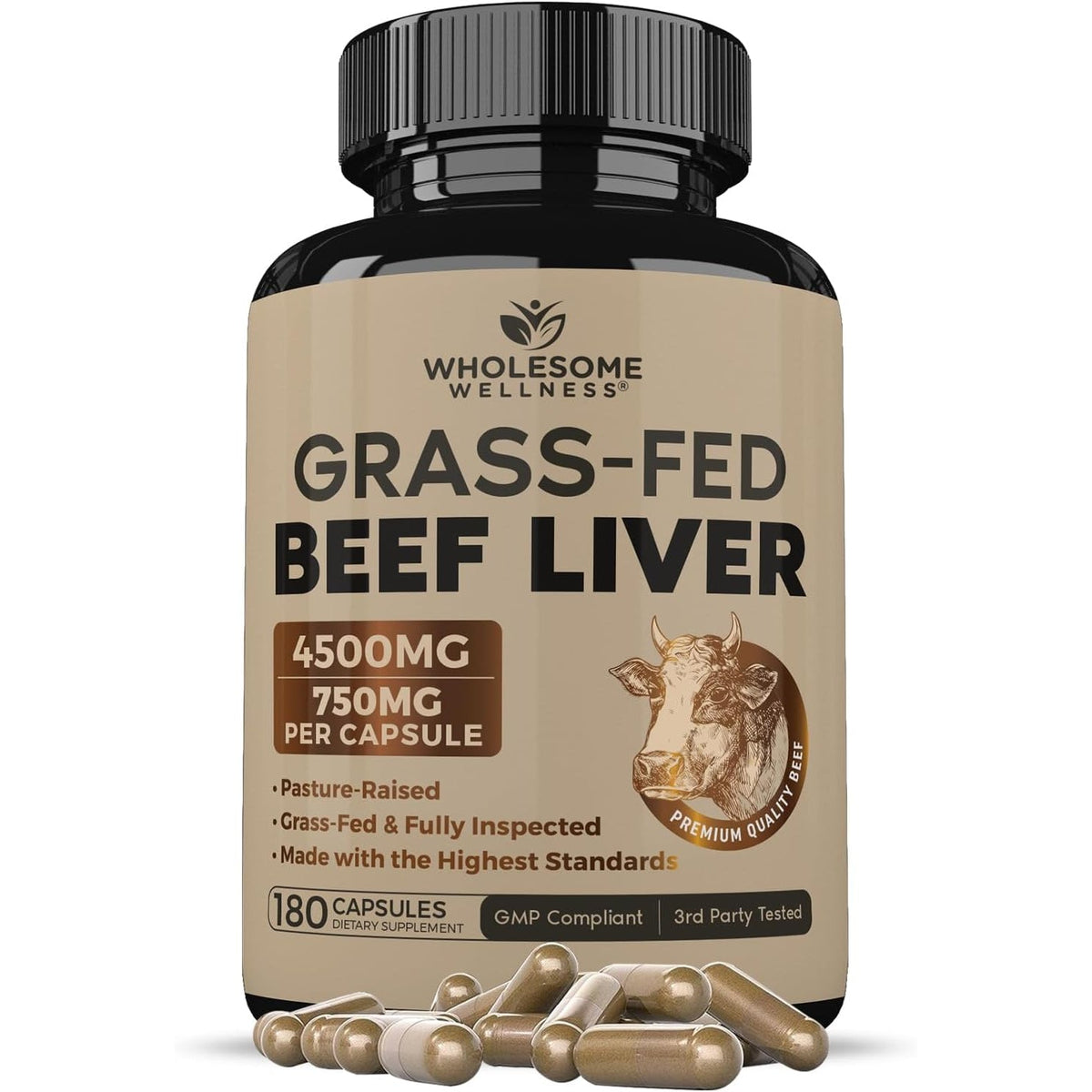 Wholesome Wellness Grass Fed Desiccated Beef Liver Capsules (180 Pills, 750Mg Each) - Natural Iron, Vitamin A, B12 for Energy - Raised Undefatted in New Zealand without Hormones or Chemicals