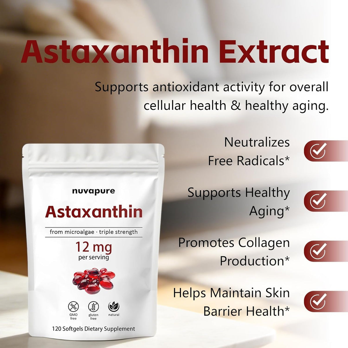 Nuvapure Astaxanthin 12Mg Softgels – Triple Strength Astaxanthin from Microalgae, Non-Gmo, Gluten Free, Antioxidant Dietary Supplement, 120 Softgels