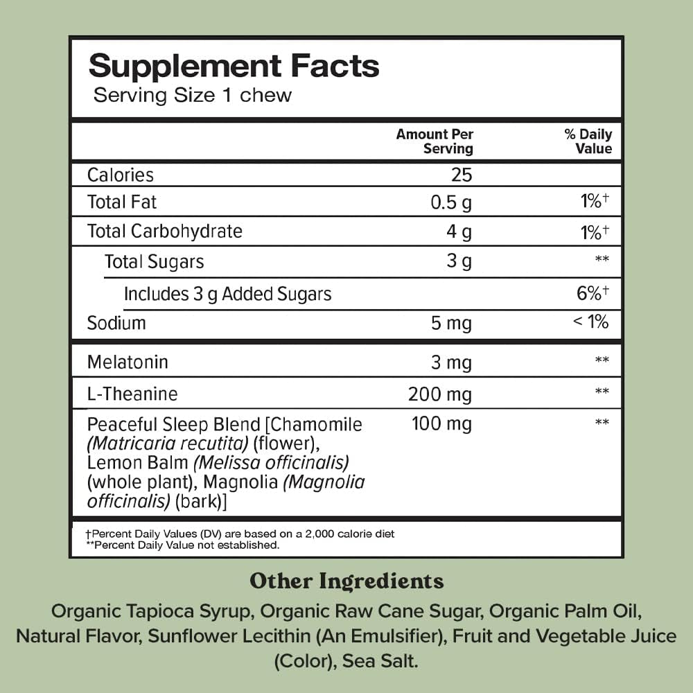 Chewsy Peaceful Sleep Chews, Sleep Support, 3 Mg Melatonin, 200 MGS L-Theanine, Chamomile, Lemon Balm, Magnolia, Nighttime Sleep Aid, Naturally Minty Chews, Promotes Restful Sleep, 30-Day Supply (1)