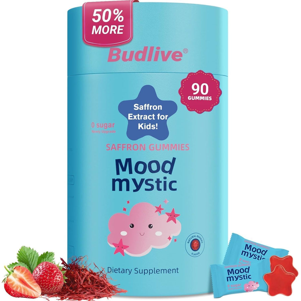 Saffron Gummies for Kids - Saffron Extract Supplements with GABA, Mood Munchies Calms Temper Tantrums, Supports Happy Mood & Cognition, Focus Calm Gummies for Kids 4+, Sugar Free Strawberry, 90 Counts