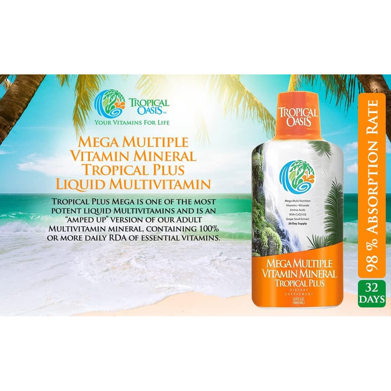 Tropical Oasis Mega plus - Liquid Multivitamin and Mineral Supplement – Includes 85 Vitamins & Minerals, 20 Amino Acids + Coq10, Grape Seed Extract & Organic Aloe Vera - 32Oz, 32 Servings, 33460
