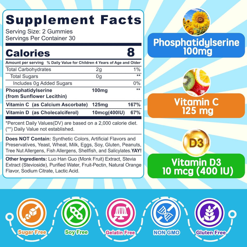 Phosphatidylserine Supplement 100Mg, Focus Gummies for Kids Teens + Vitamin C & D3 400IU, Sugar Free Kids Brain Gummies Increase Attention & Concentration, Chewable, Vegan, Gluten Free, Non-Gmo 2 Pack