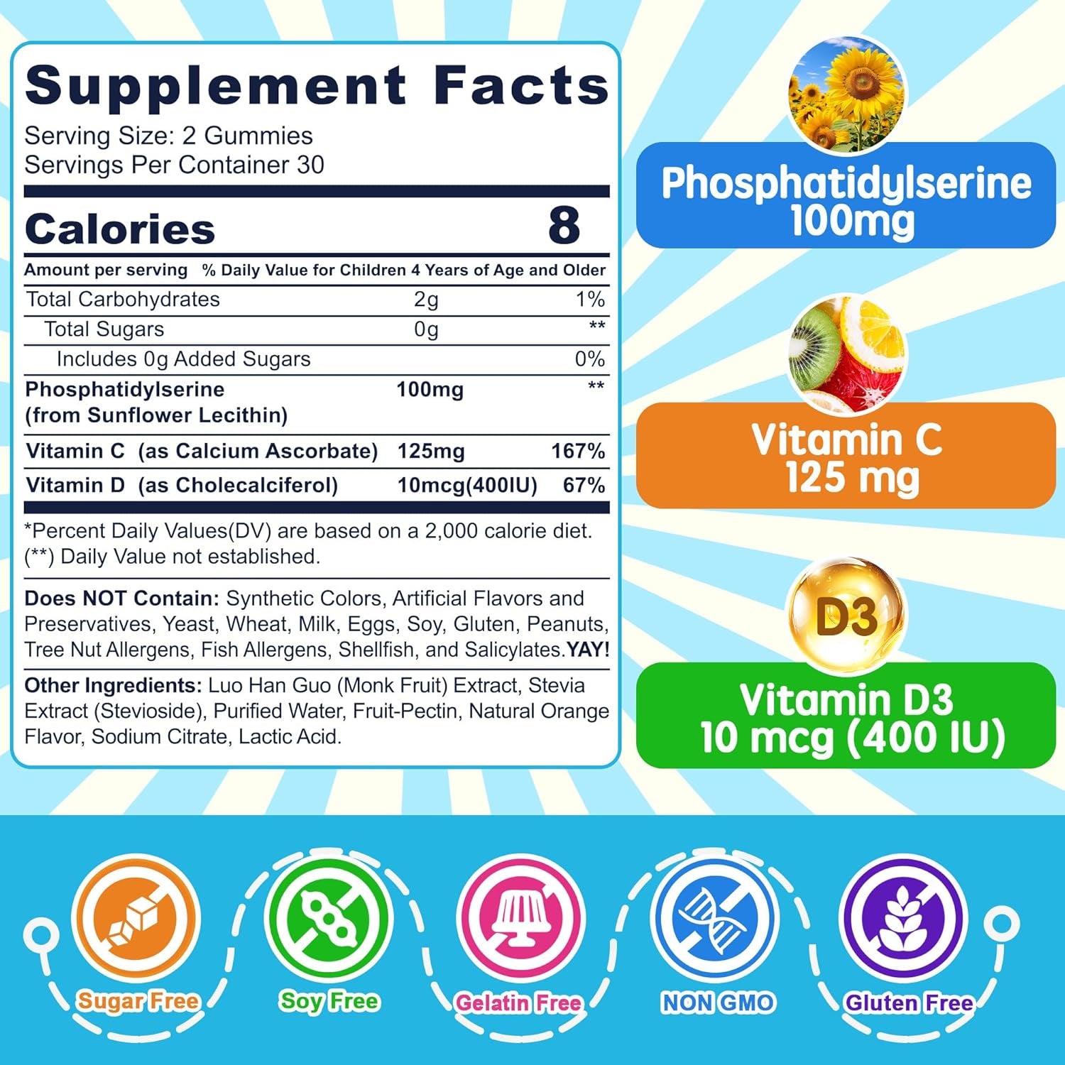 Phosphatidylserine Supplement 100Mg, Focus Gummies for Kids Teens + Vitamin C & D3 400IU, Sugar Free Kids Brain Gummies Increase Attention & Concentration, Chewable, Vegan, Gluten Free, Non-Gmo 2 Pack
