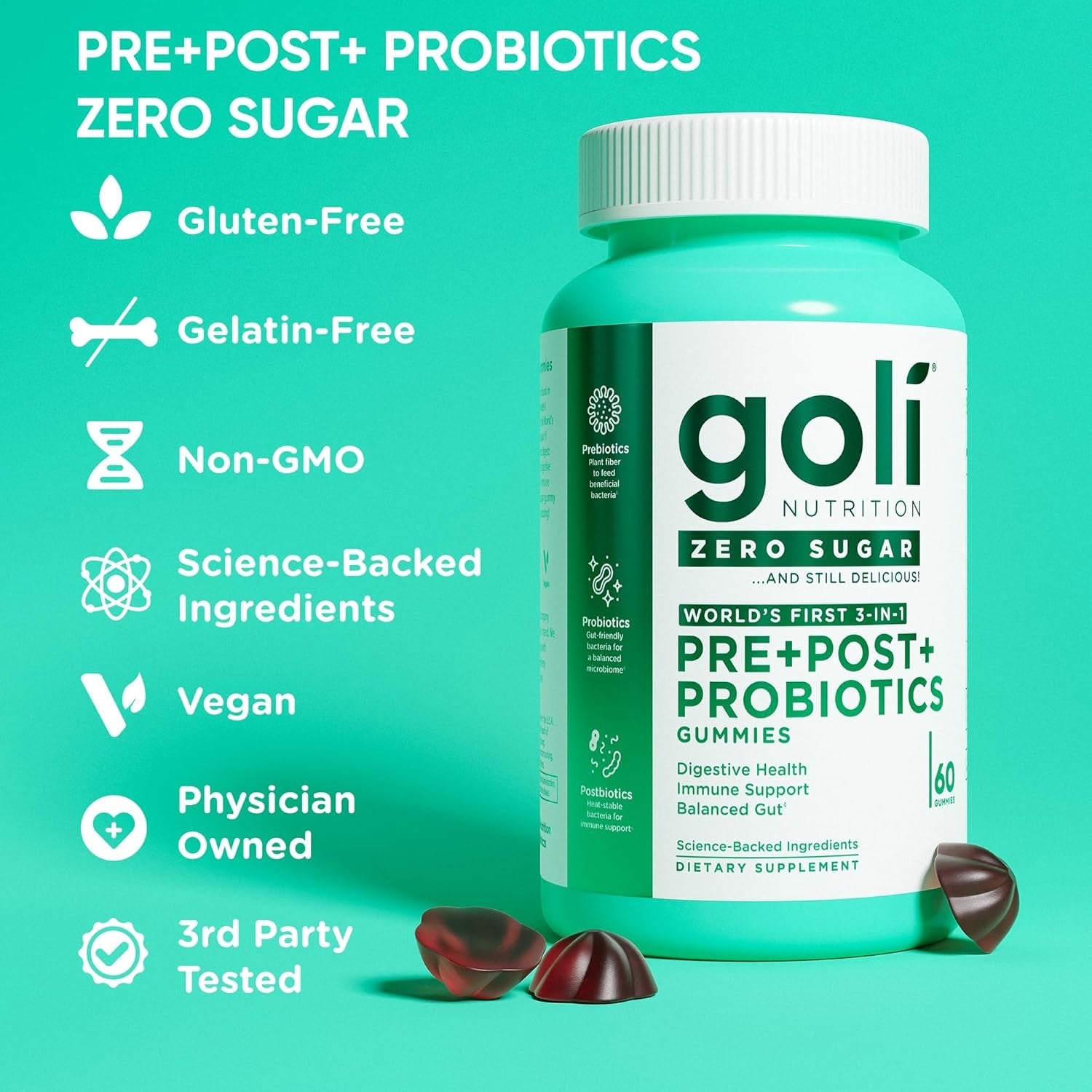 Goli Zero Sugar Pre Pro Postbiotic Gummies - Worlds First 3-In-1 with DE111, XOS, MCC1849 - No Sugar Alcohols - Vegan, Keto-Friendly, Non-Gmo
