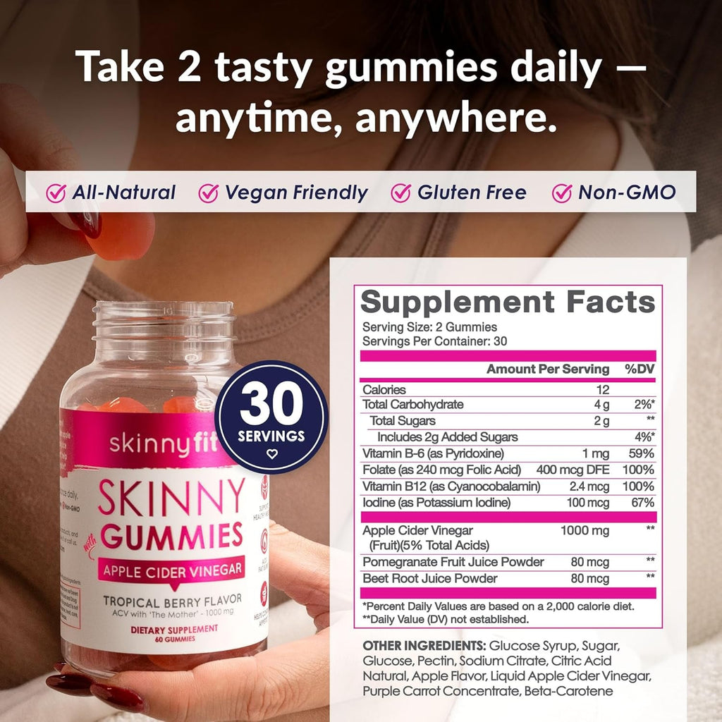 Skinnyfit Skinny Gummies Apple Cider Vinegar Gummies W/ the Mother, Healthy Weight, Immune Support, Vitamin B9, B12, Beetroot, Pomegranate, Vegan-Friendly, 60 Count