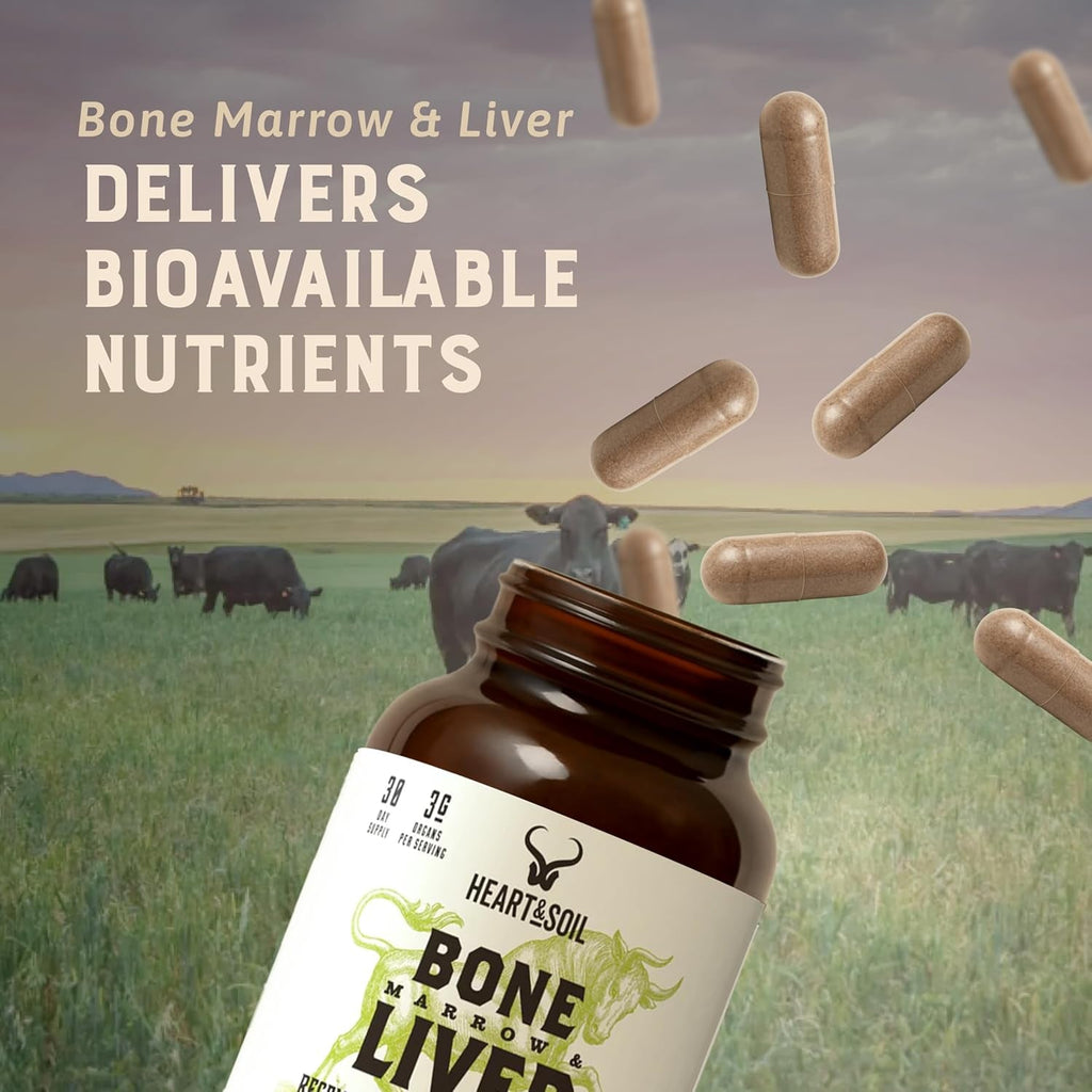 Heart & Soil – 100% Grass Fed & Finished Bone Marrow & Beef Liver from Regenerative Cattle – Supports Bones, Joints, Tissue & Skin – 3000Mg Libido Booster for Women & Men – Glass Bottle – 180 Capsules