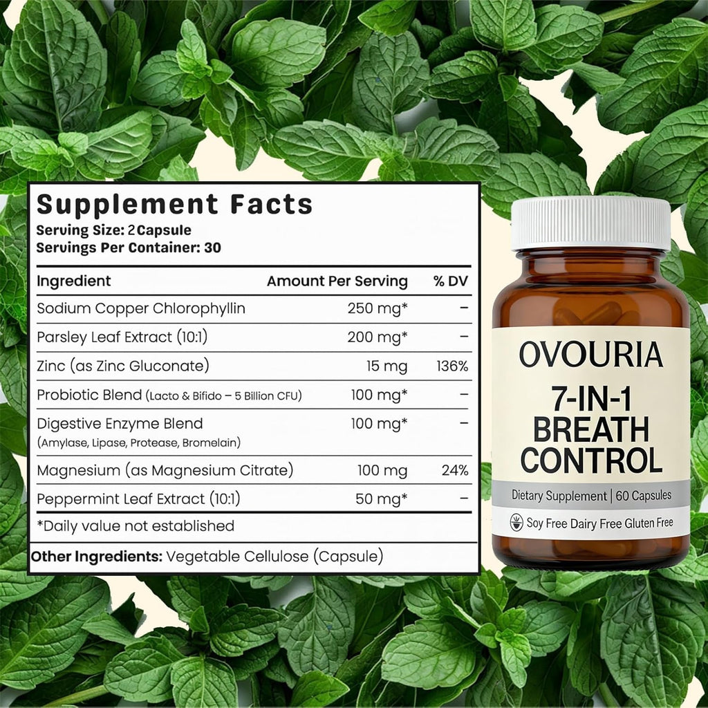 Ovouria Breath and Gut Balance - 7-In-1 Breath Control, Targets Bad Breath at the Gut Root, Natural Ingredients with Probiotics, Vegan Gluten-Free, 60 Capsules(1Pc)